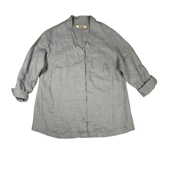 Flax Womens Sz M Button Front Long Sleeve Blouse 100% Linen V-Neck Blue Grey - Picture 1 of 7